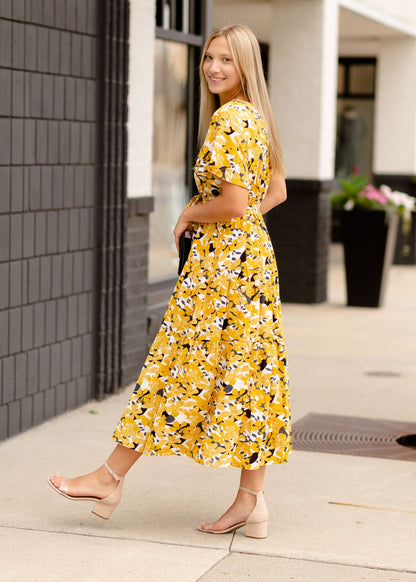 Mustard Floral V-Neck Midi Dress Dresses