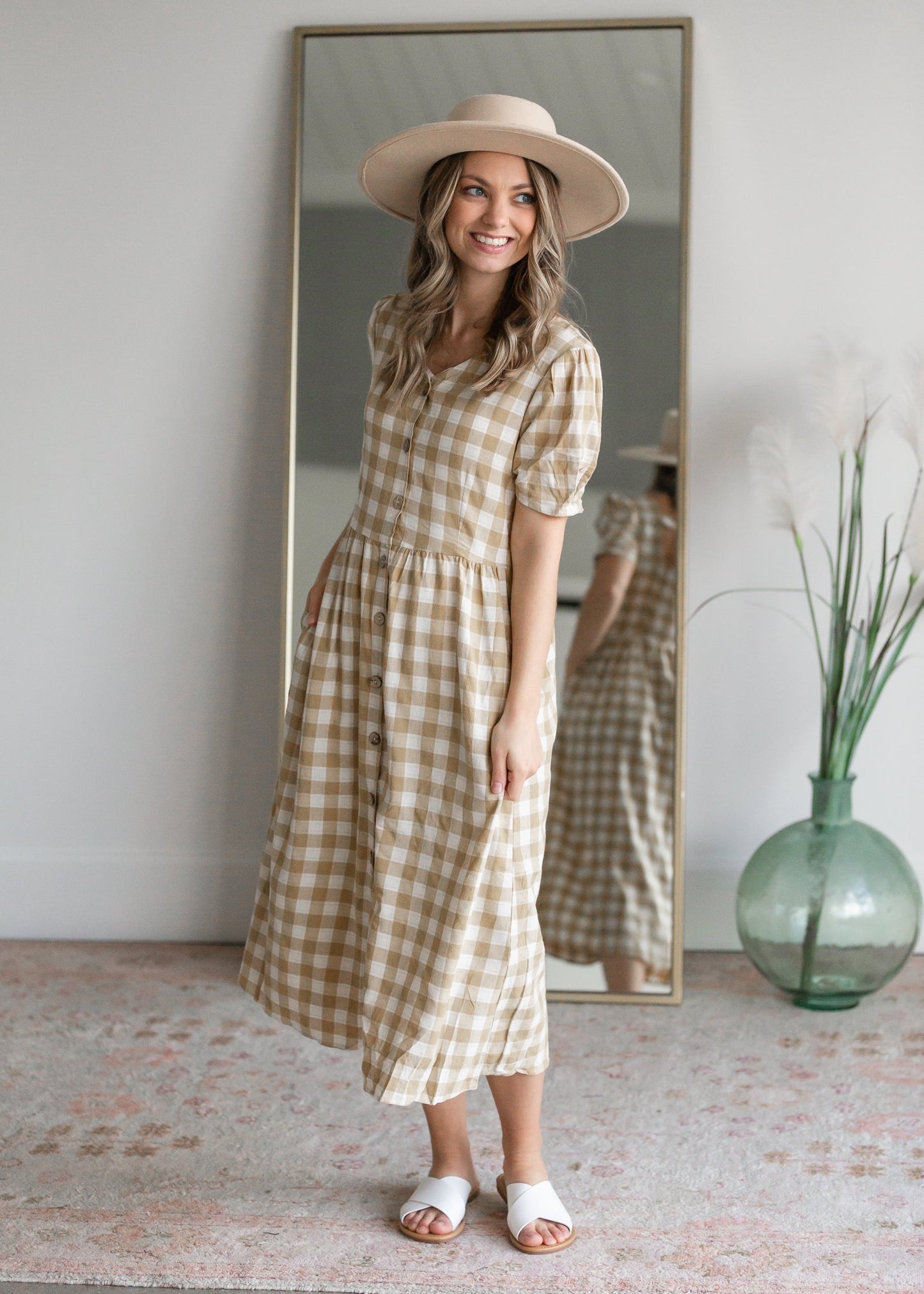Mustard Gingham Midi Dress Dresses Hayden