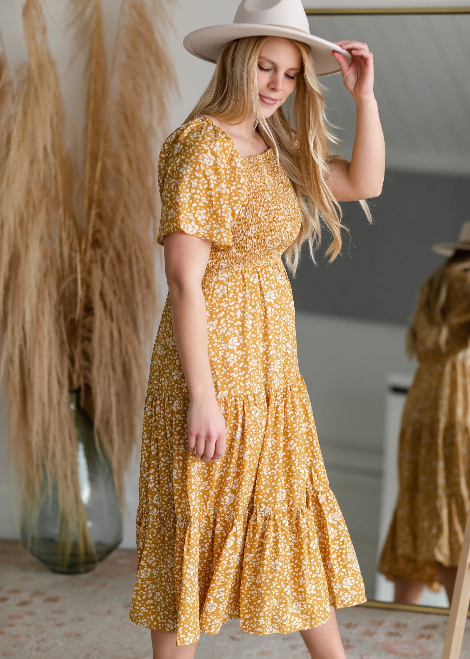 Mustard Smocked Dress With Bell Sleeves Dresses Hayden