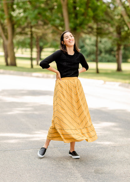 Mustard Striped Button Front Midi Skirt Skirts Polagram + BaeVely
