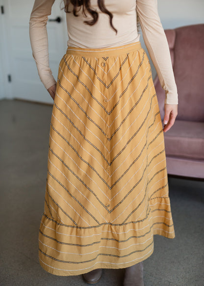 Mustard Striped Button Front Midi Skirt Skirts Polagram + BaeVely