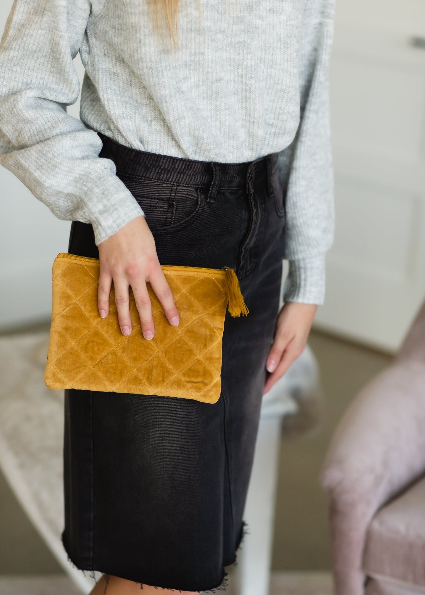Mustard Velvet Quilted Pouch - FINAL SALE Accessories
