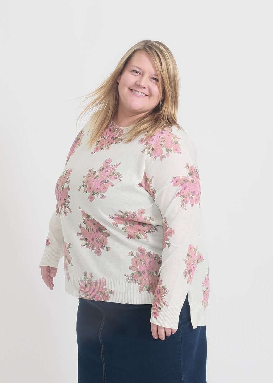 Ivory plus size sweater with blush florals all over