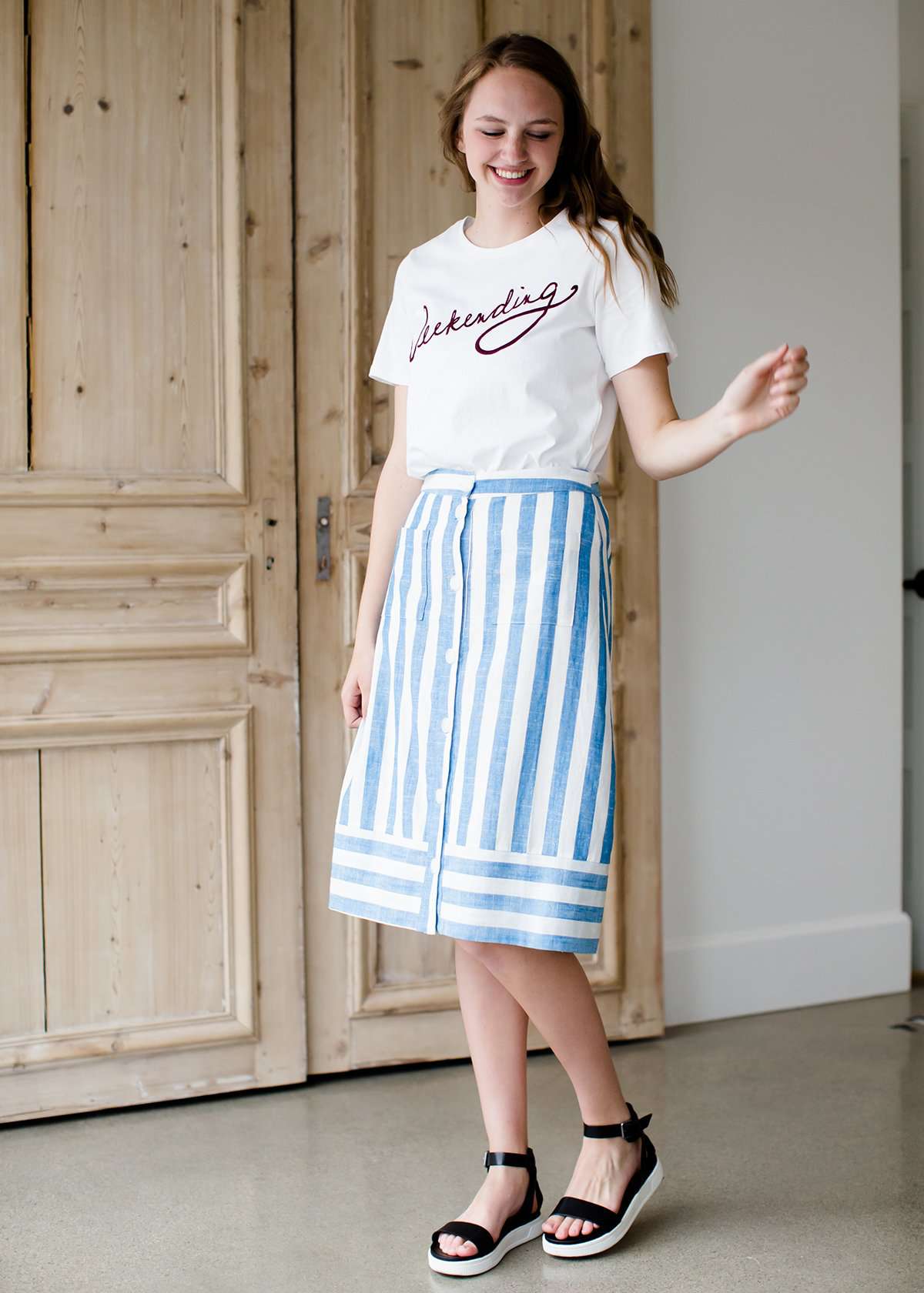 striped blue and white midi skirt