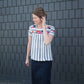 women's modest blue and white striped top with embroidered flowers