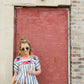 women's modest blue and white striped top with embroidered flowers