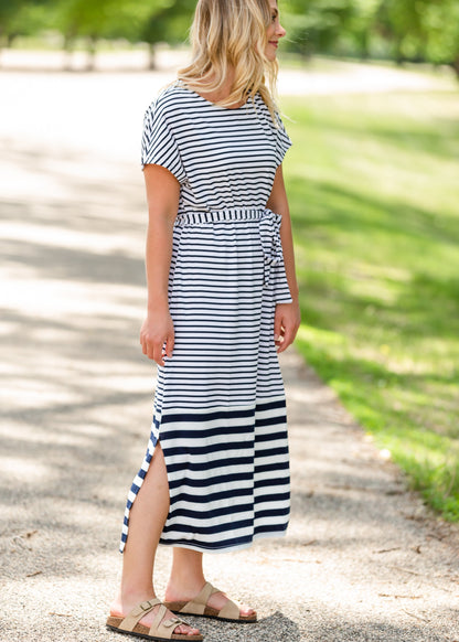 Navy and White Striped Tie Midi Dress Dresses