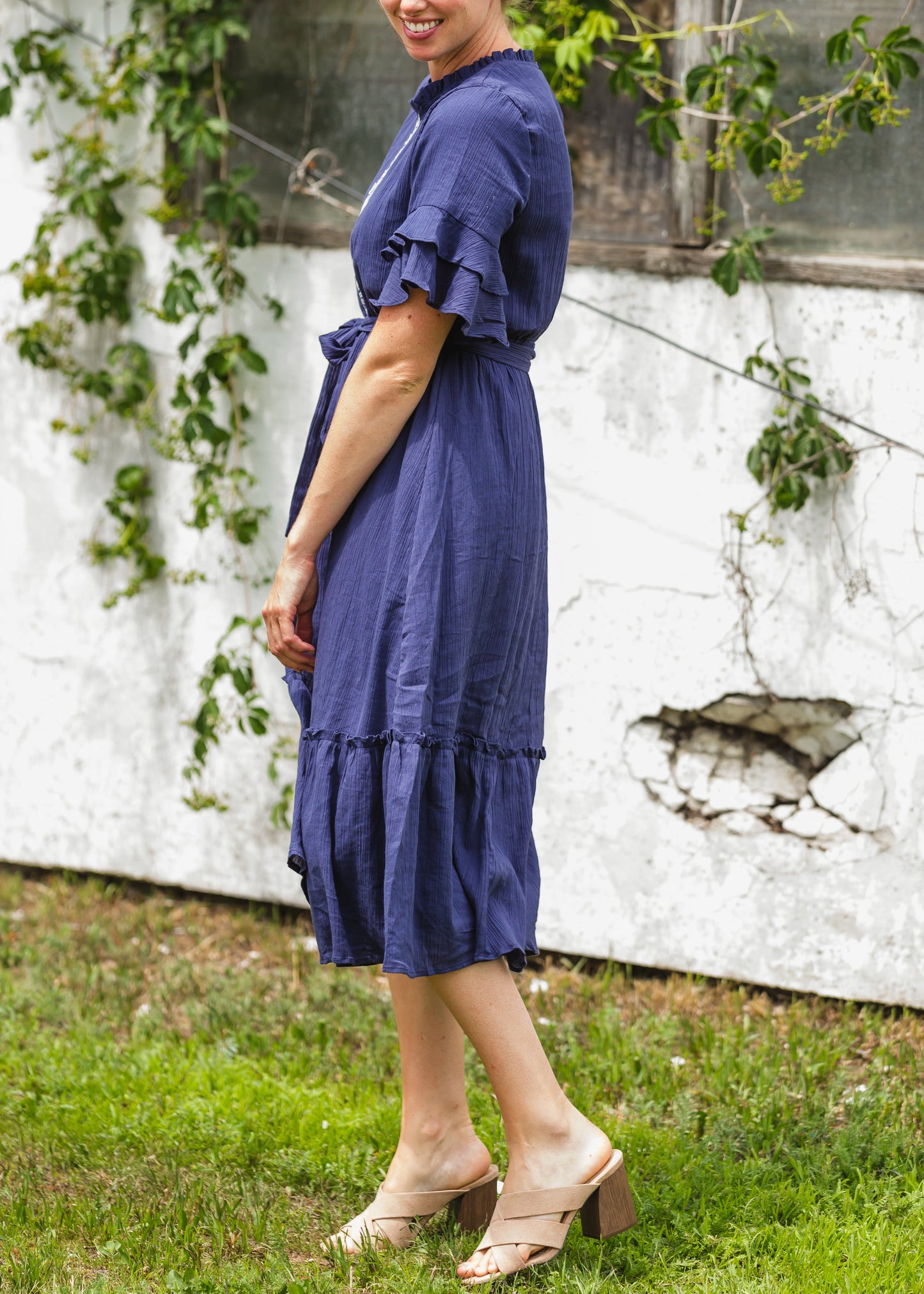 Navy Blue Ruffle Sleeve + Neck Embroidered Midi Dress - FINAL SALE Dresses