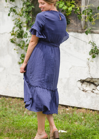 Navy Blue Ruffle Sleeve + Neck Embroidered Midi Dress - FINAL SALE Dresses