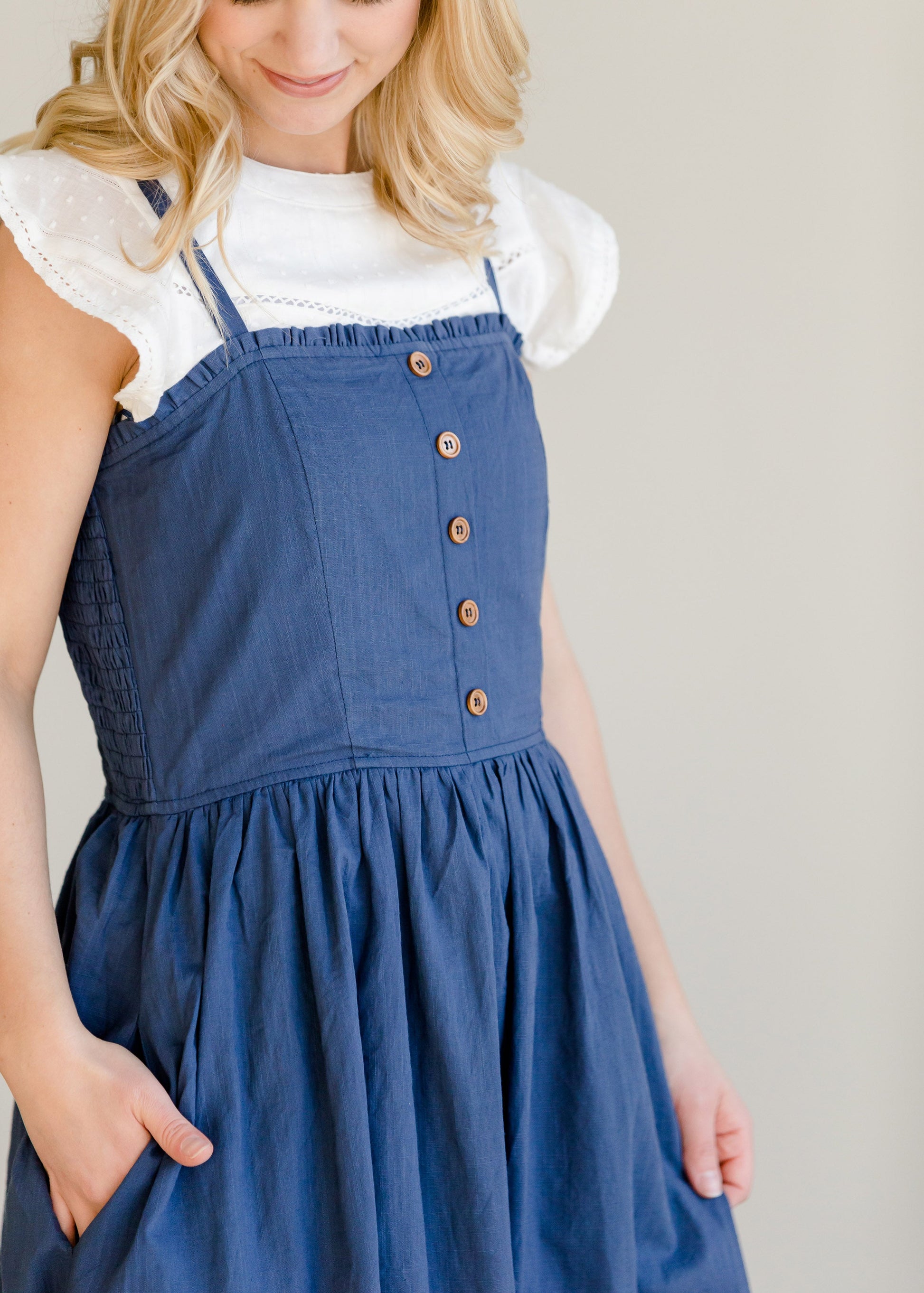 Navy Cotton Button Front Smocked Maxi Dress - FINAL SALE Dresses