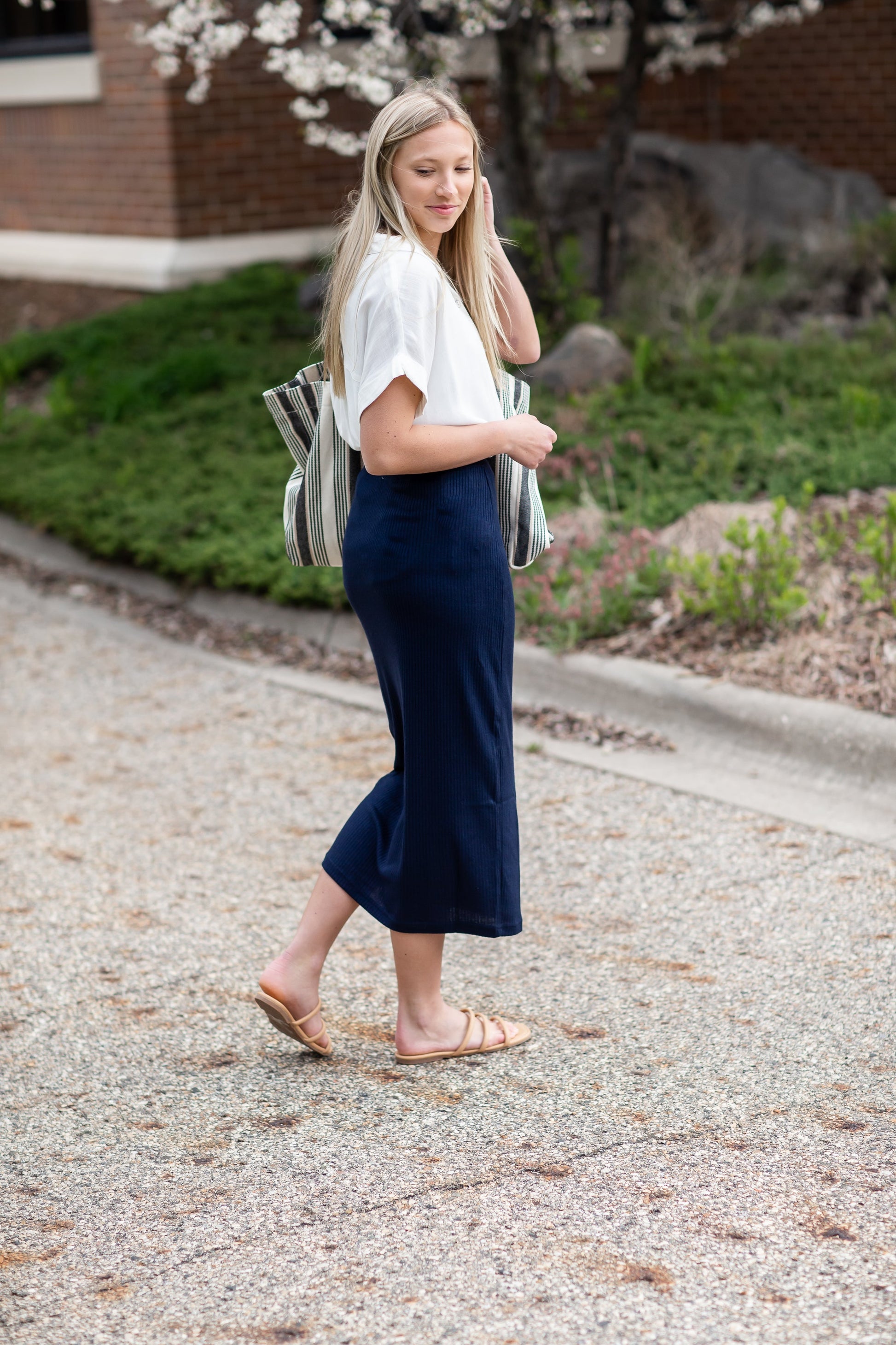 Navy Fallon Rib Midi Skirt Skirts