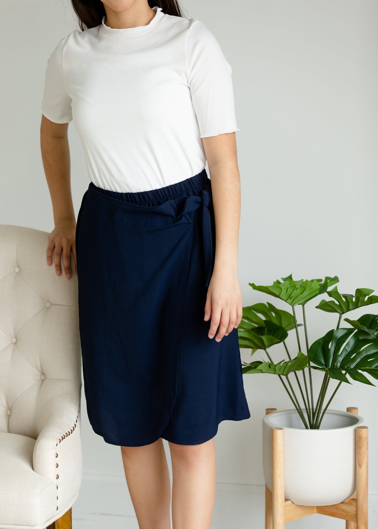 Navy Faux Wrap Tie Front Midi Skirt - FINAL SALE Skirts