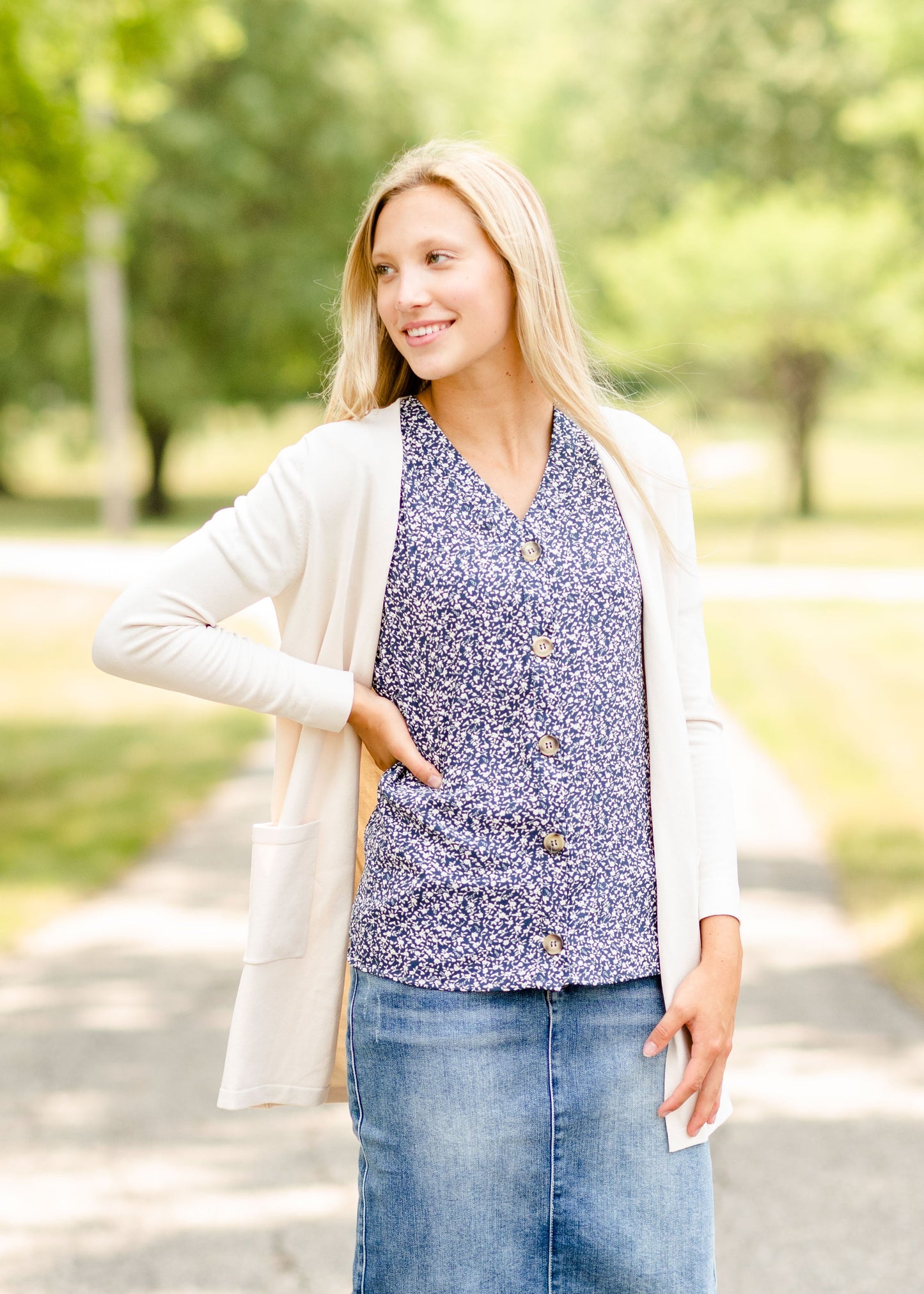 Navy Floral Button Top Tops
