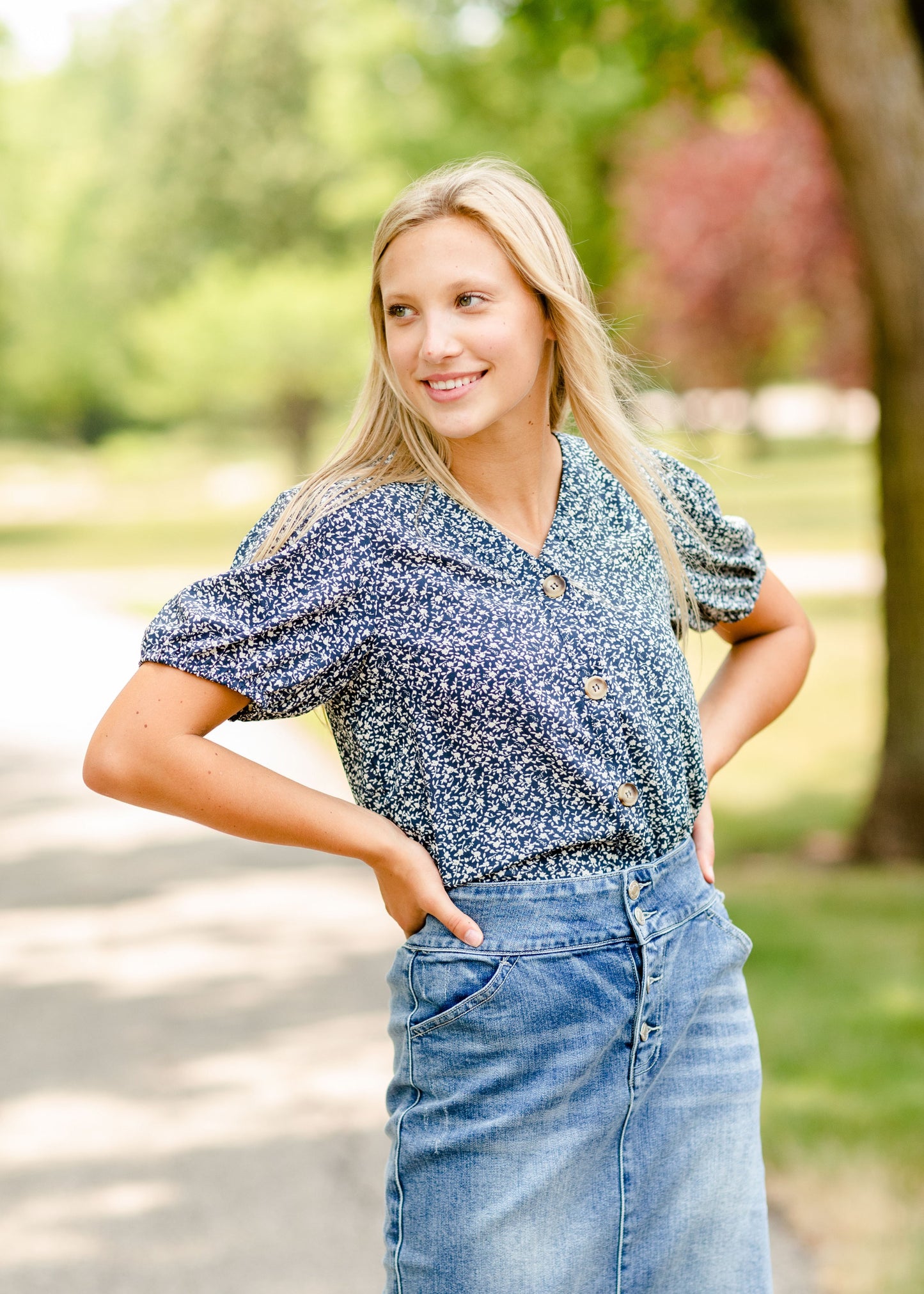 Navy Floral Button Top Tops