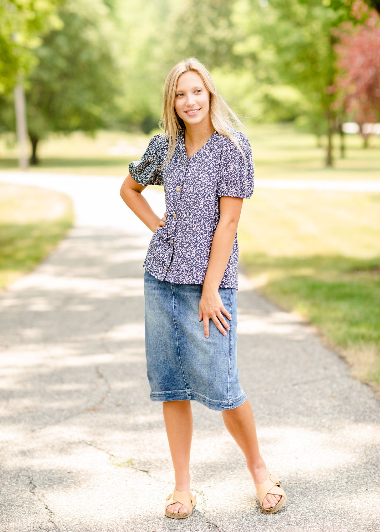 Navy Floral Button Top Tops