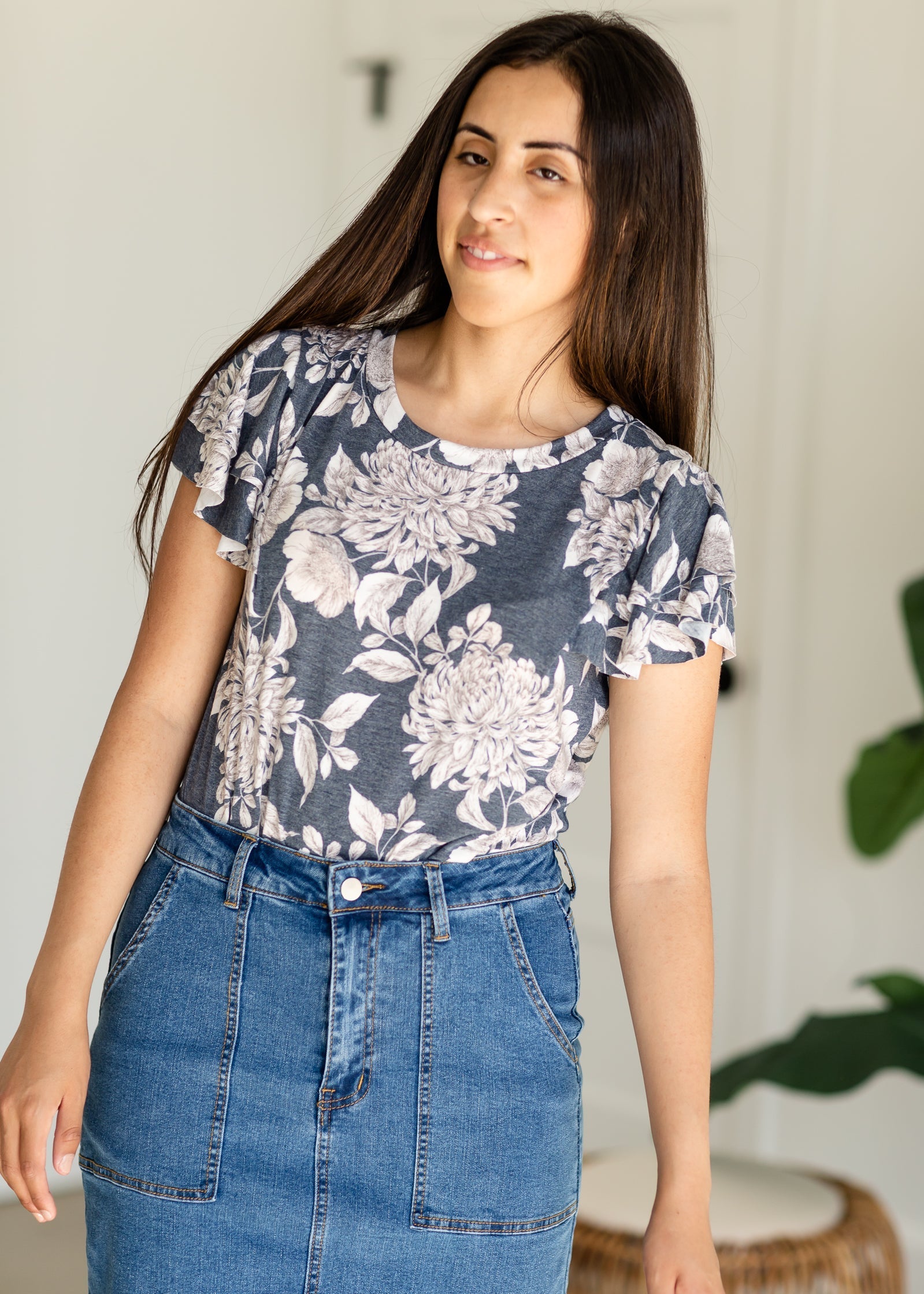 Navy Floral Flutter Sleeve Scoop Neck Tee - FINAL SALE Tops