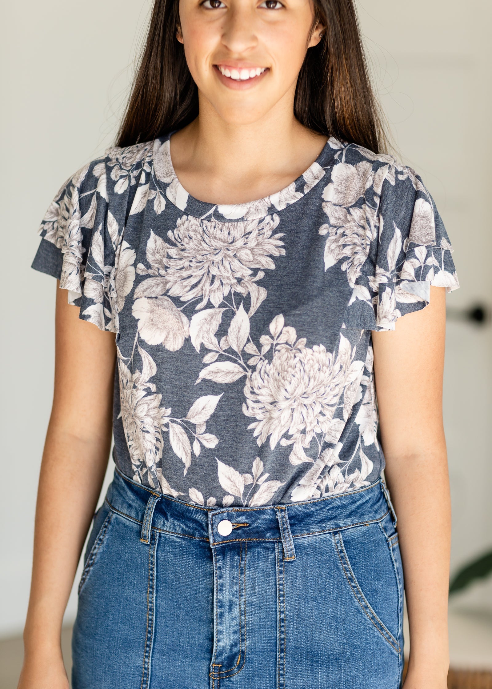 Navy Floral Flutter Sleeve Scoop Neck Tee - FINAL SALE Tops