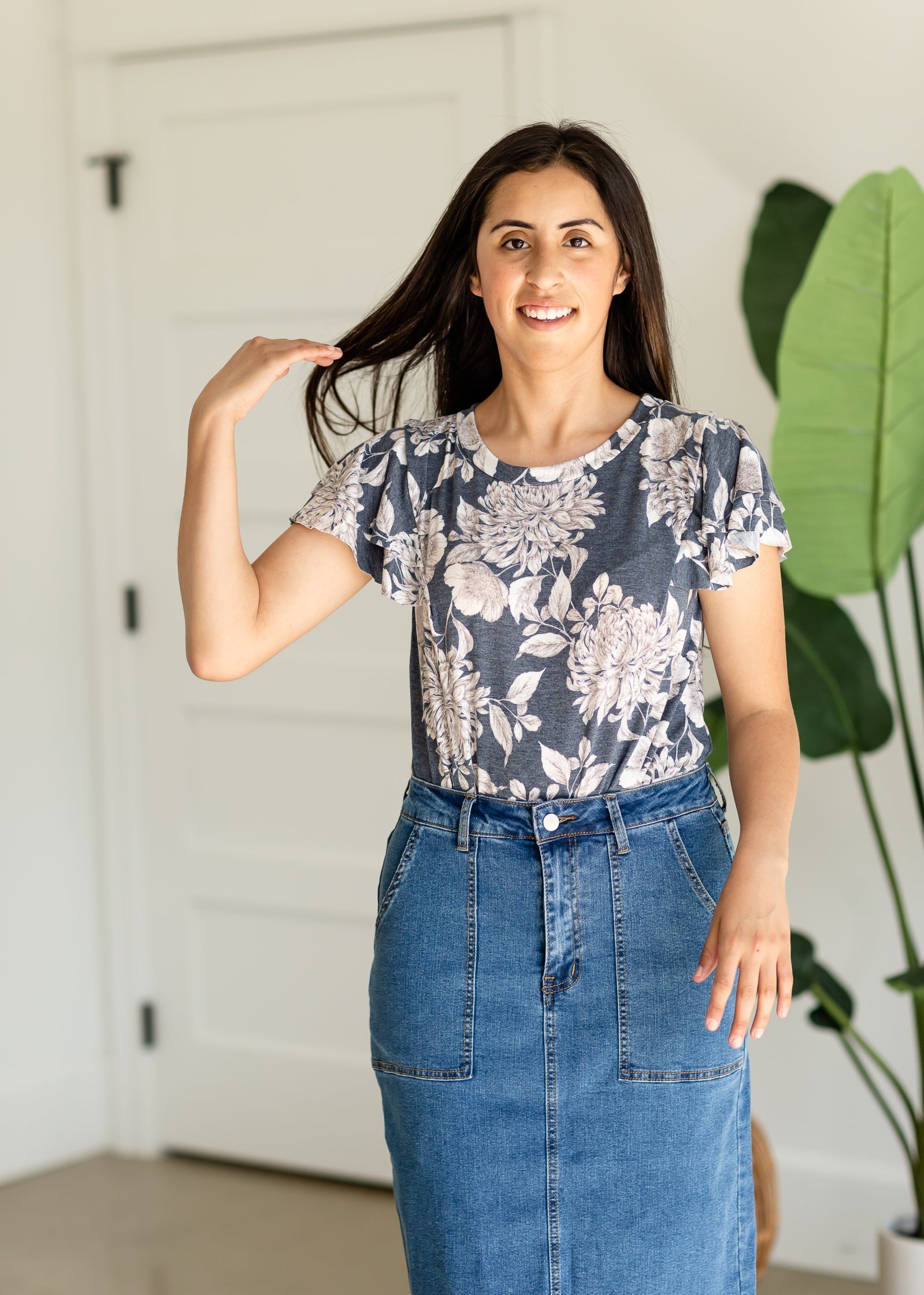 Navy Floral Flutter Sleeve Scoop Neck Tee - FINAL SALE Tops