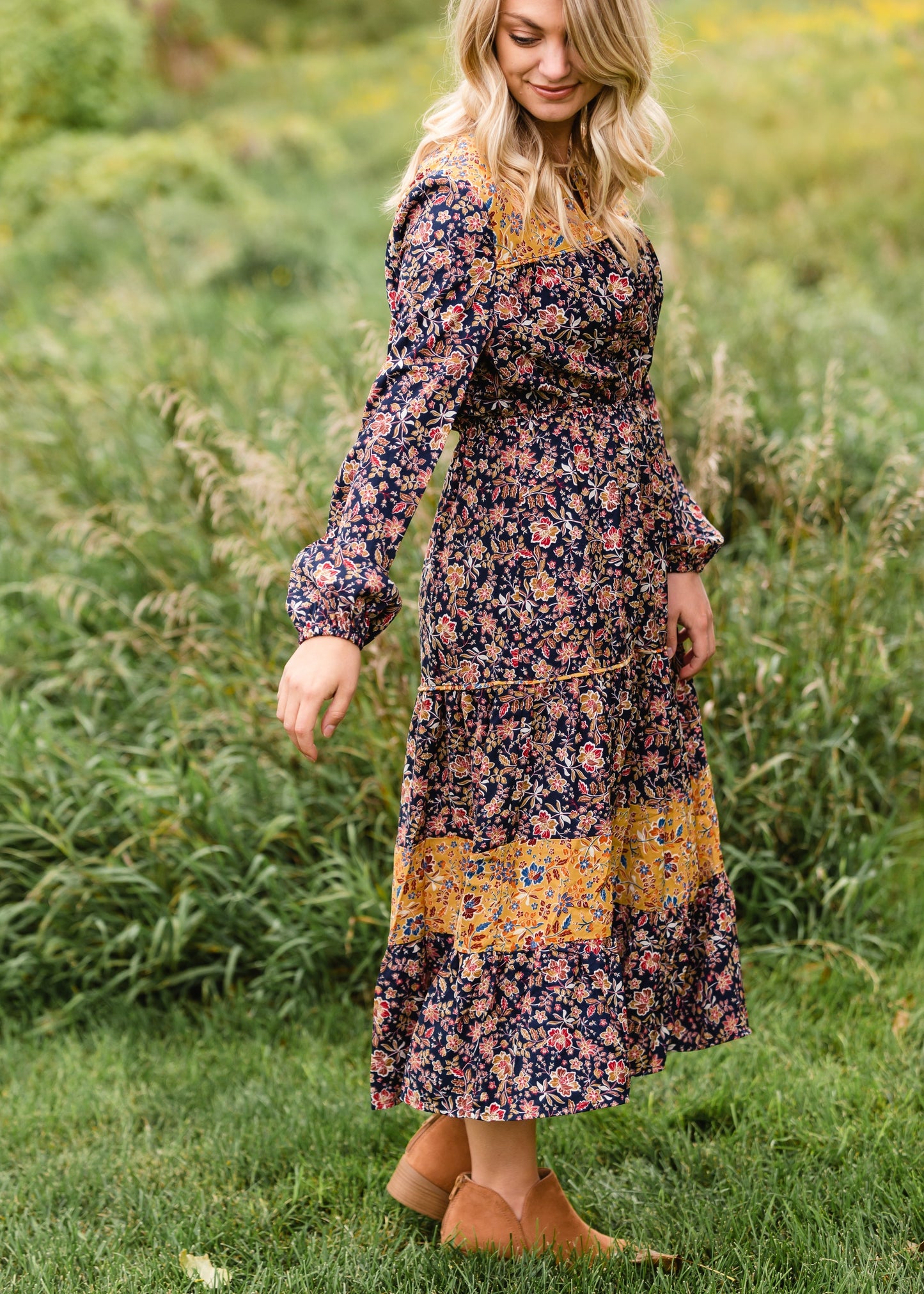 Navy Floral Prairie Peasant Midi Dress - FINAL SALE Dresses