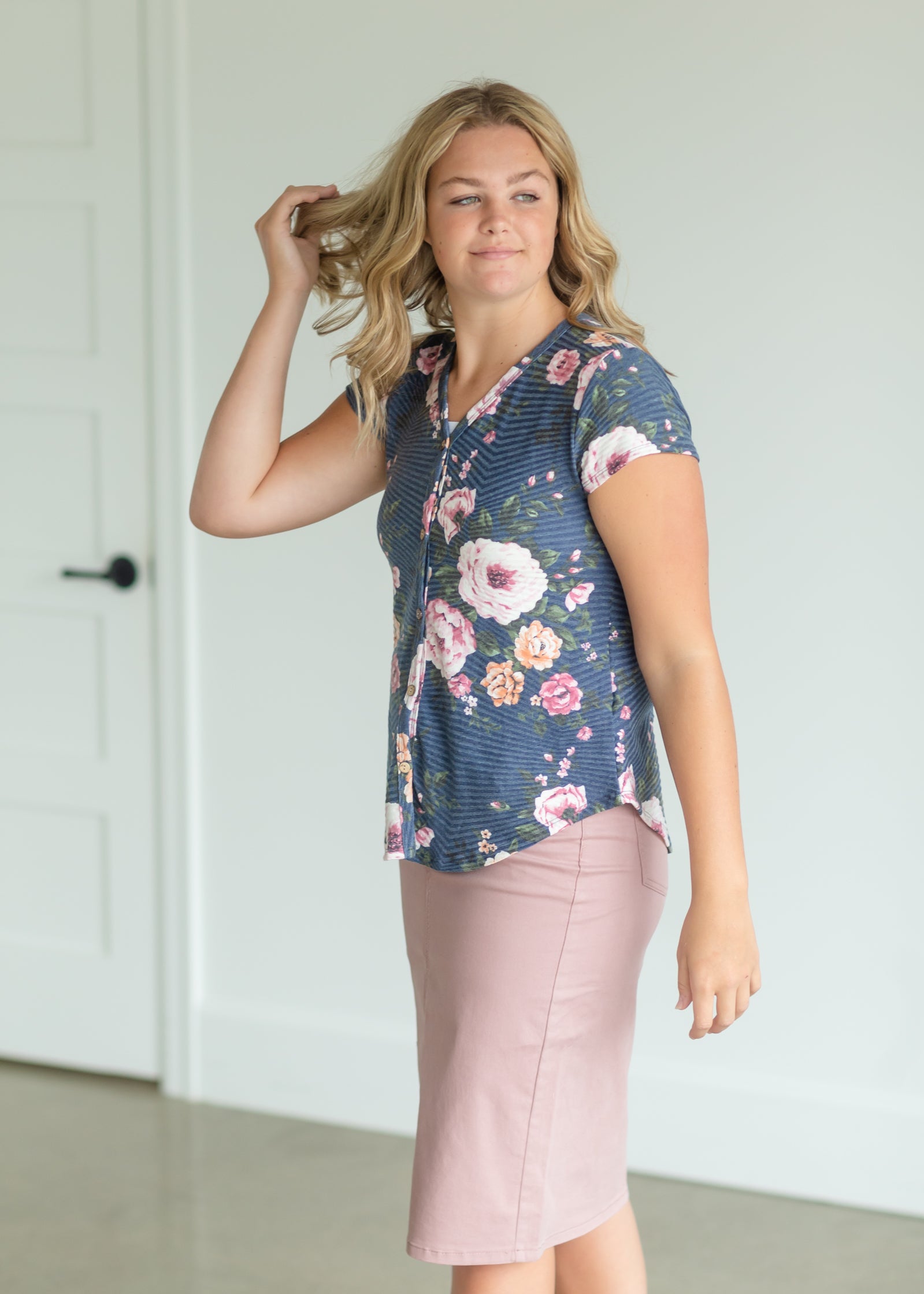 Navy Floral Print Faux Button Top Tops