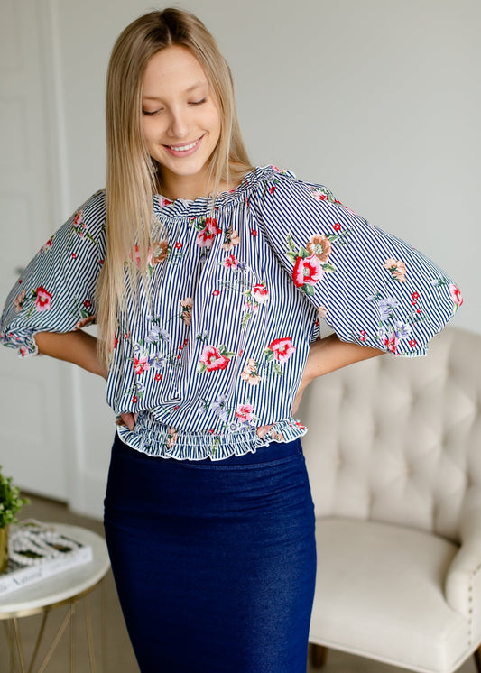 Navy Floral Striped Smocked Top - FINAL SALE Tops