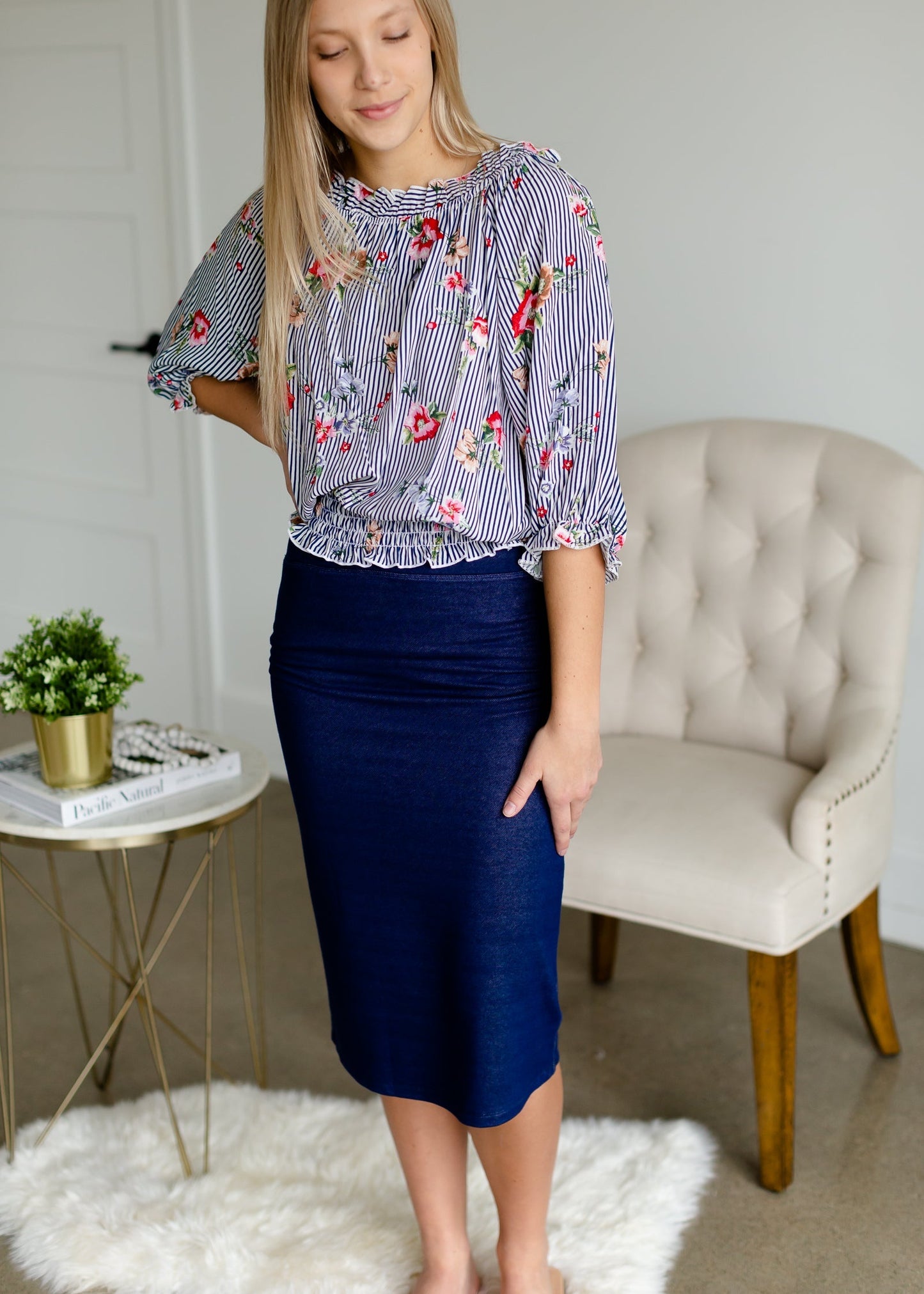 Navy Floral Striped Smocked Top - FINAL SALE Tops