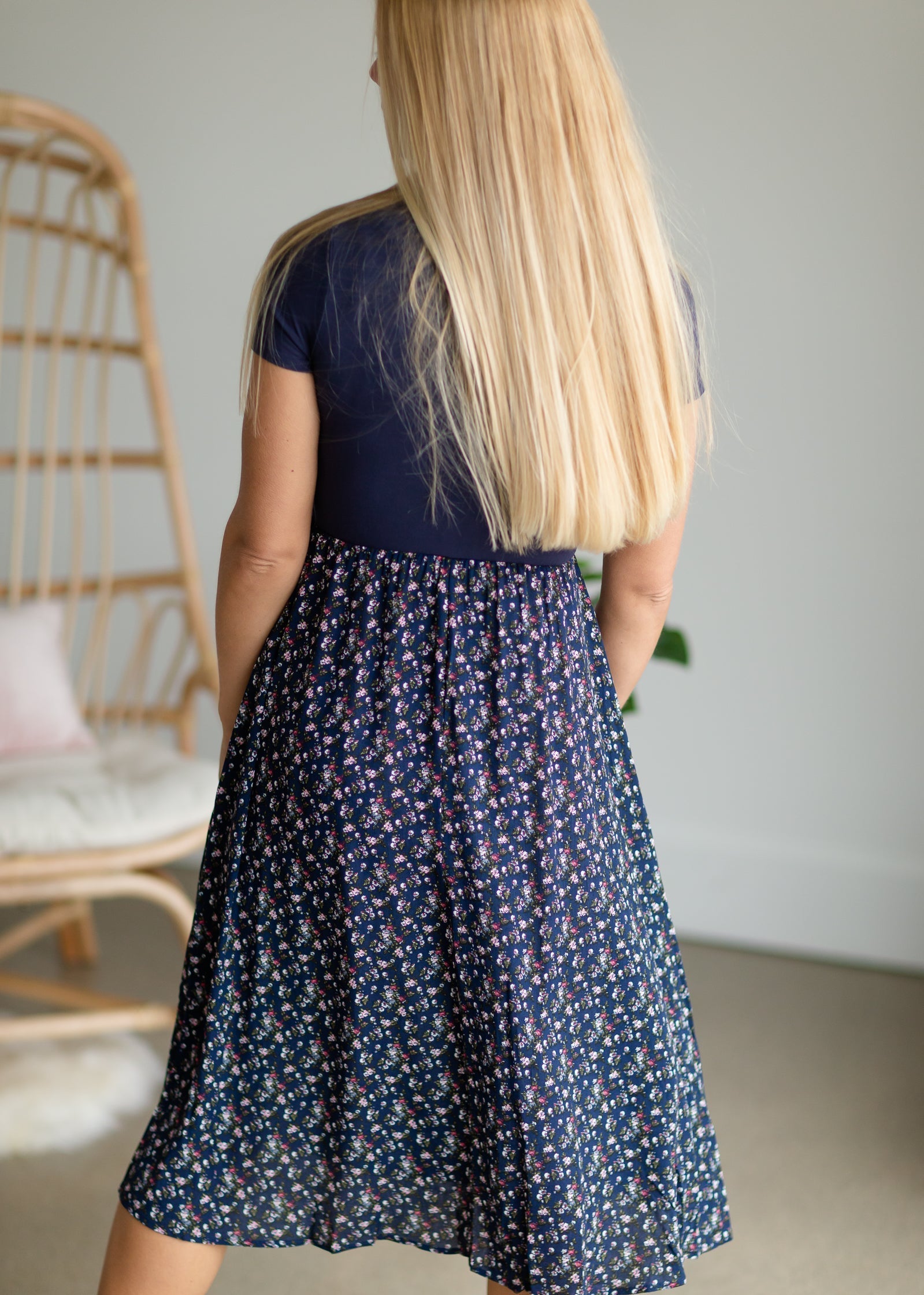 Navy + Floral Wrapped Midi Dress Dresses