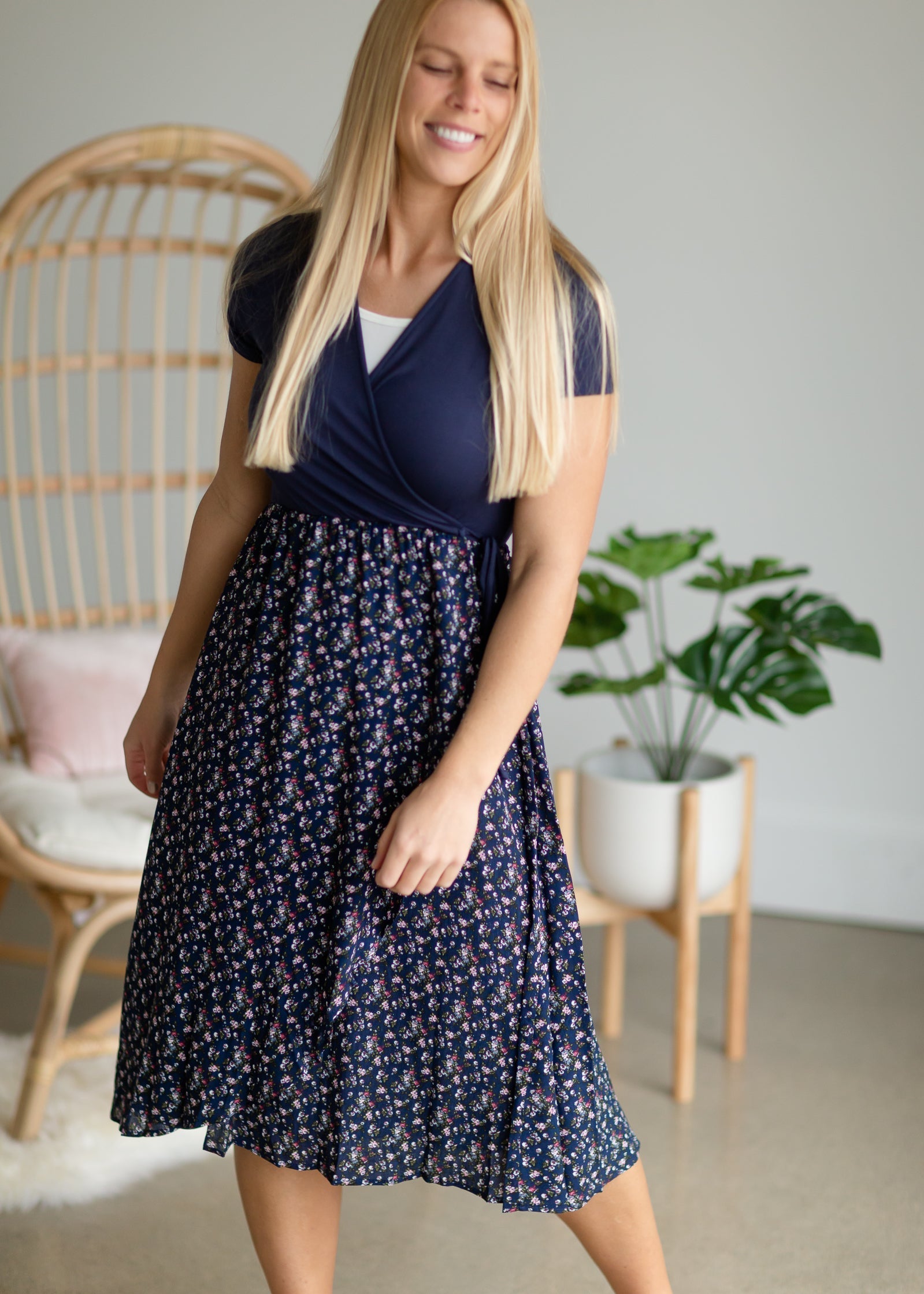 Navy + Floral Wrapped Midi Dress Dresses
