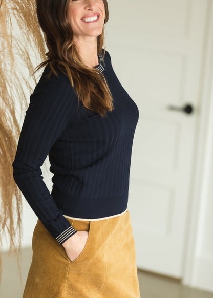 Navy Metail Ribbed Contrast Sweater - FINAL SALE Tops