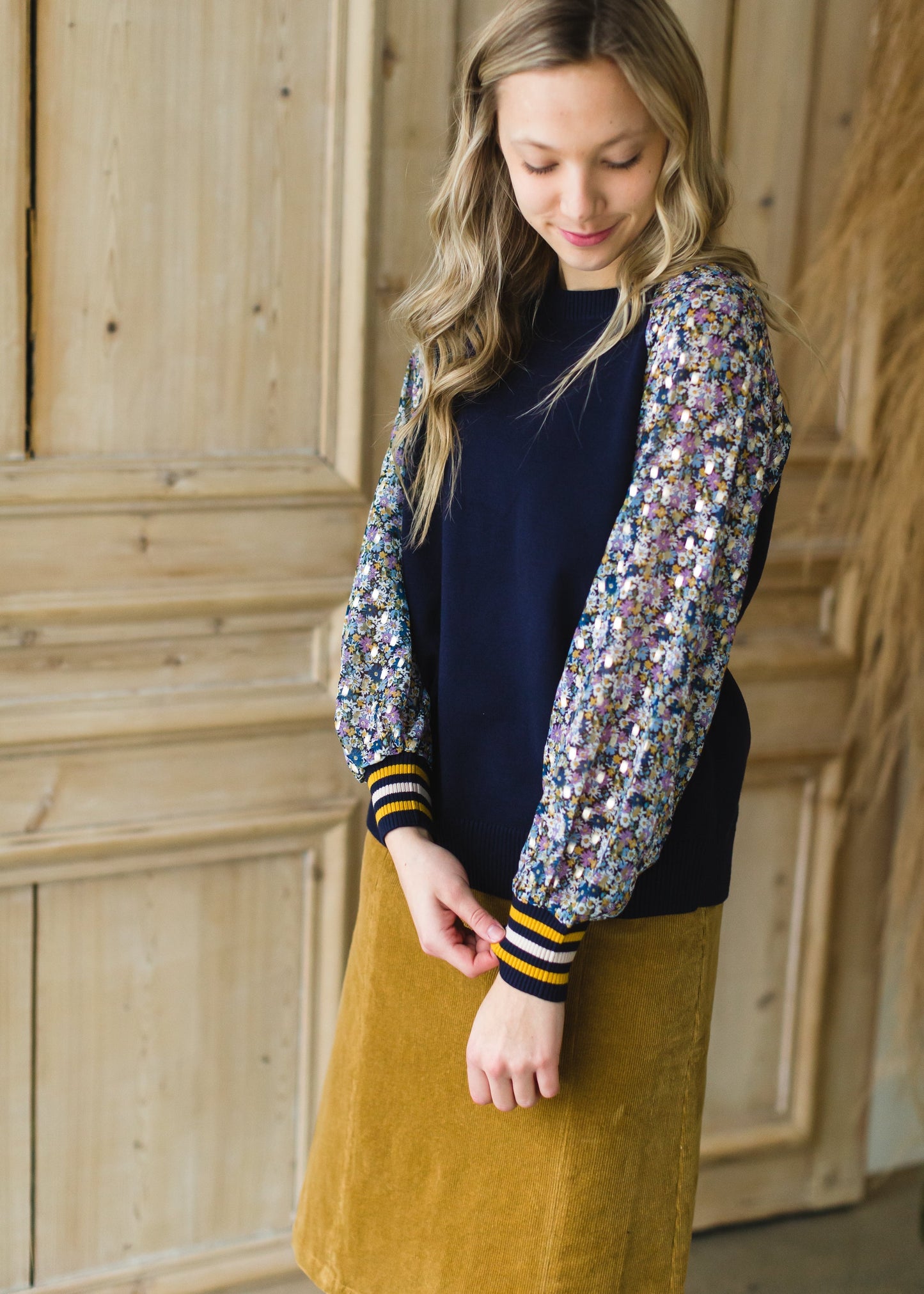 Navy Mixed Knit Floral Top - FINAL SALE Tops