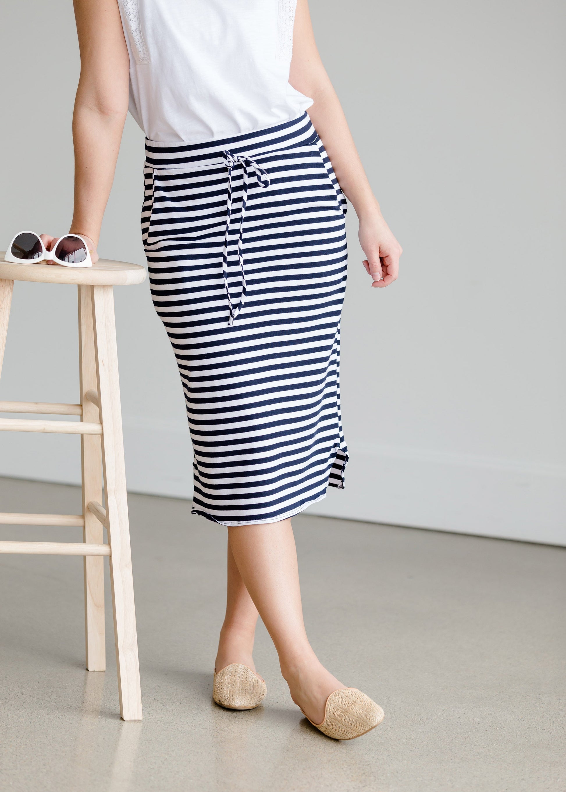 Navy Nautical Striped Pocket Midi Skirt Skirts