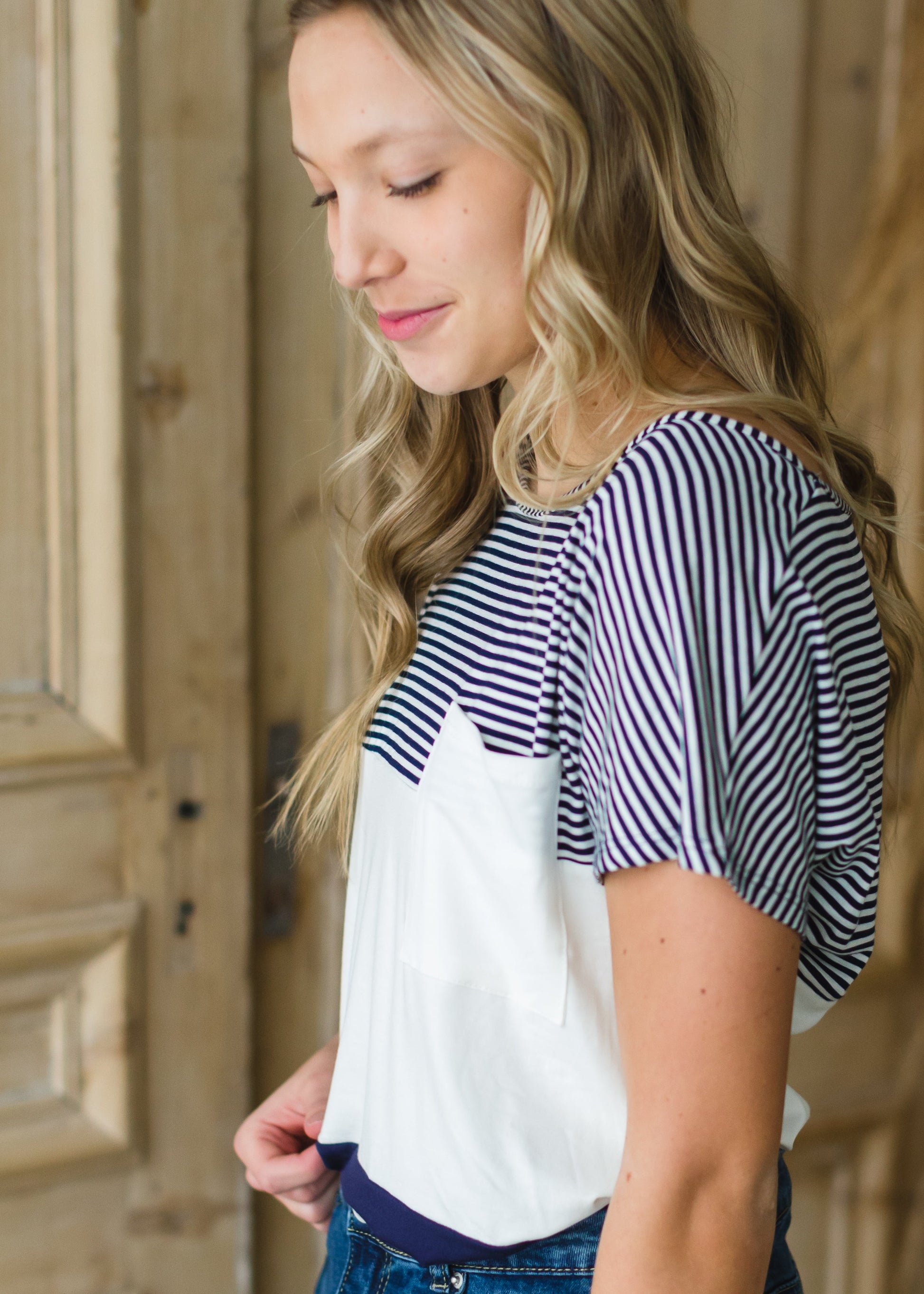 Navy Pin Striped Color Block Top - FINAL SALE Tops