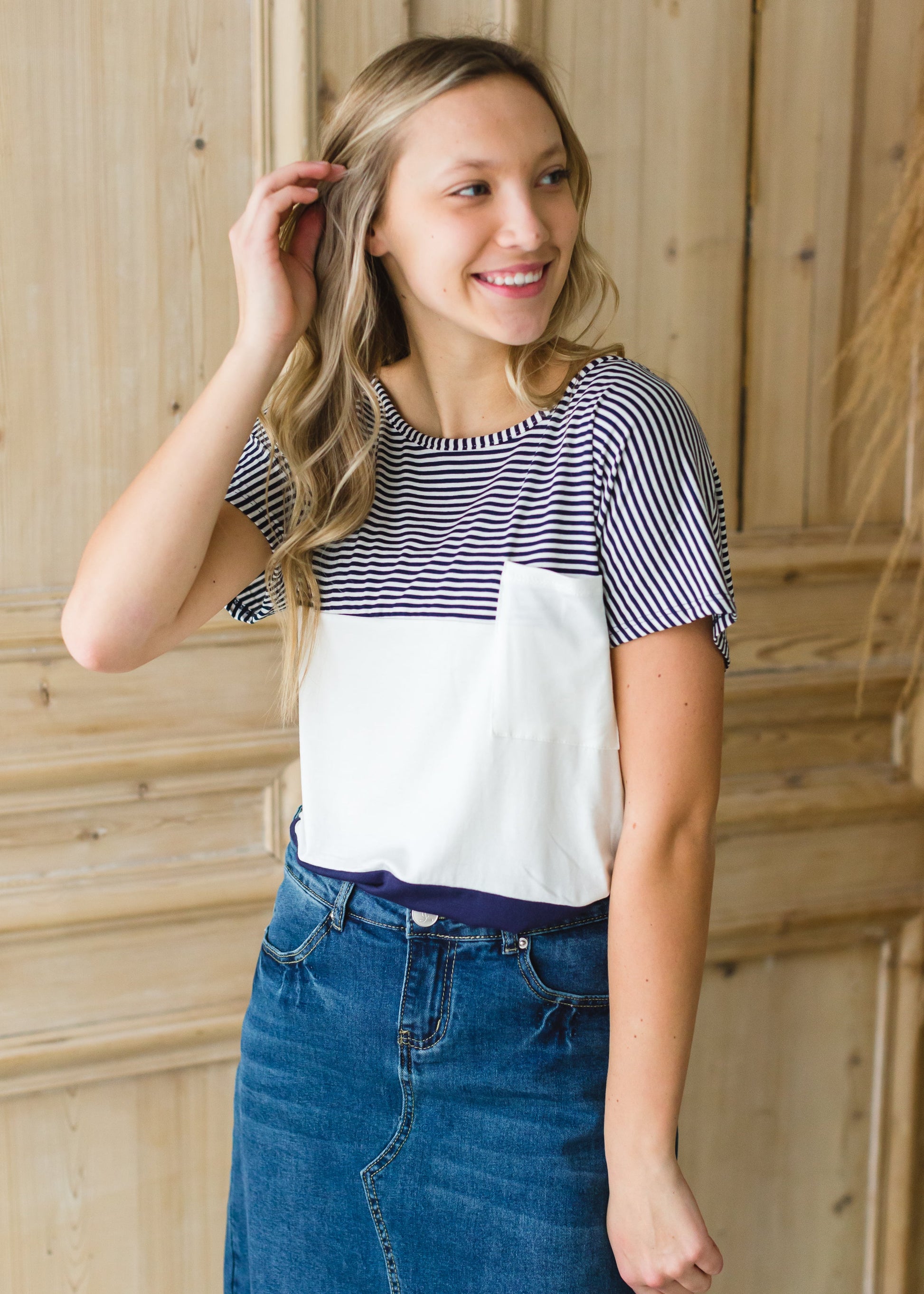 Navy Pin Striped Color Block Top - FINAL SALE Tops