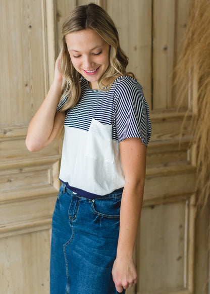 Navy Pin Striped Color Block Top - FINAL SALE Tops