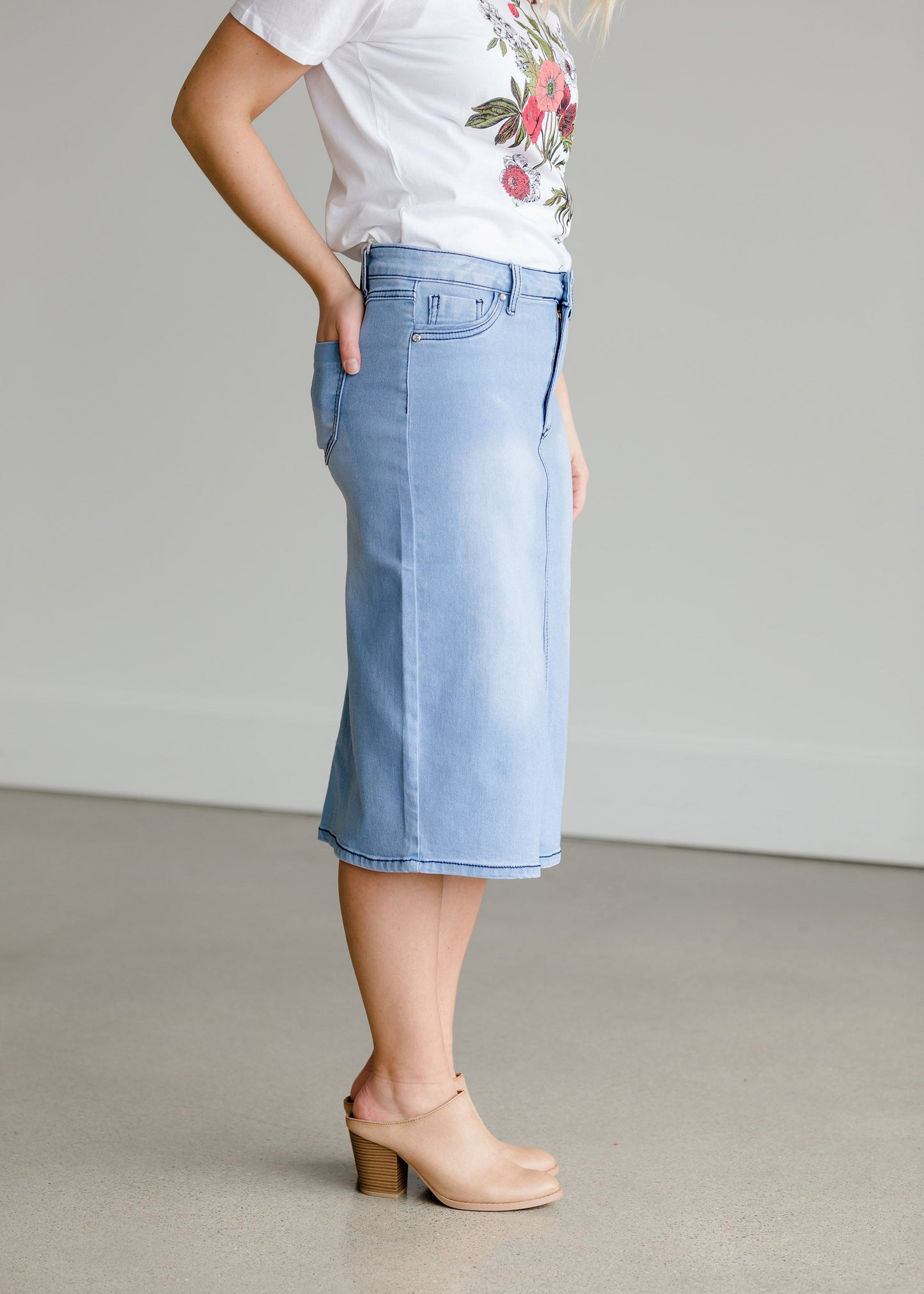 Navy Stitched Straight Denim Midi Skirt - FINAL SALE Skirts