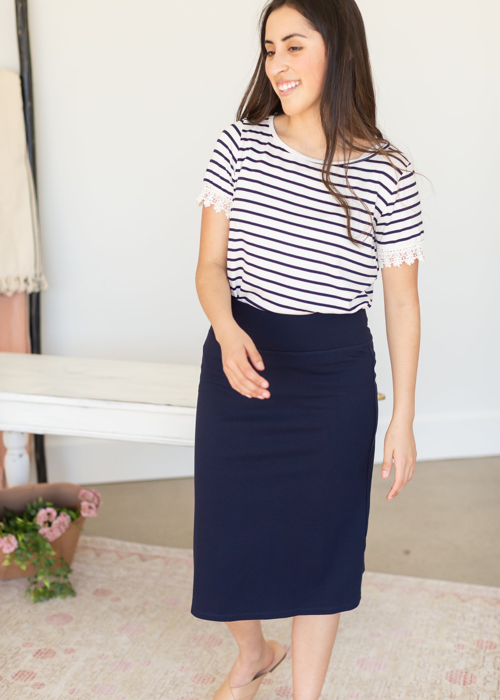 Navy Striped Lace Sleeve Top Tops