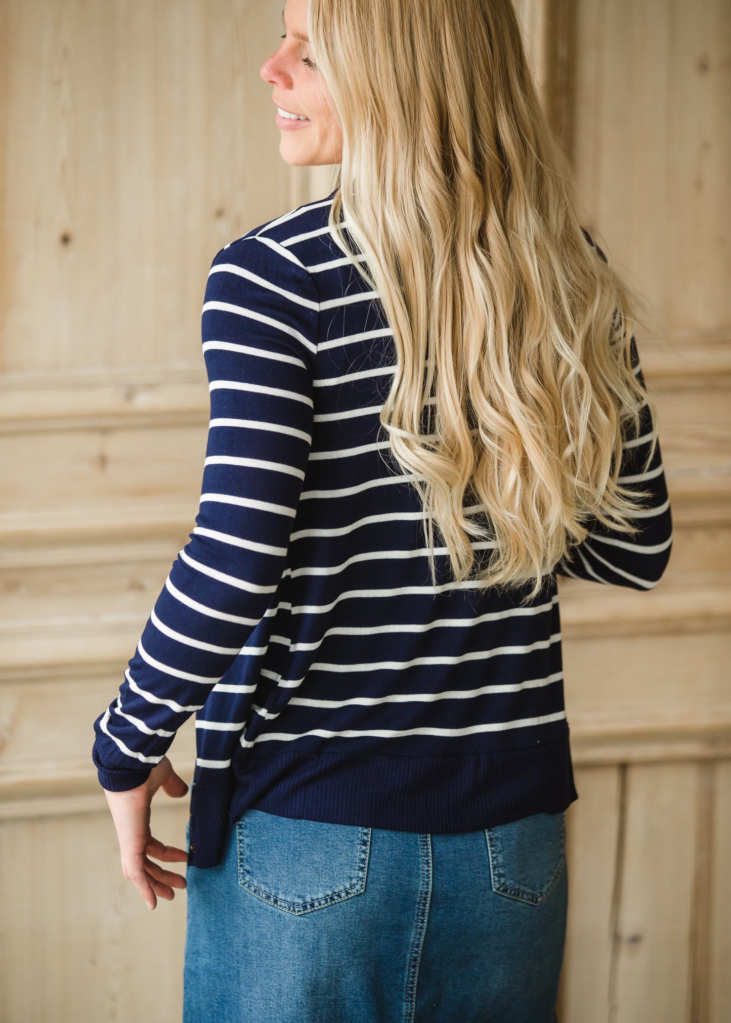 Navy Striped Snap Button Cardigan - FINAL SALE Tops