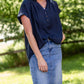 Navy V-Neck Button Down Top Tops