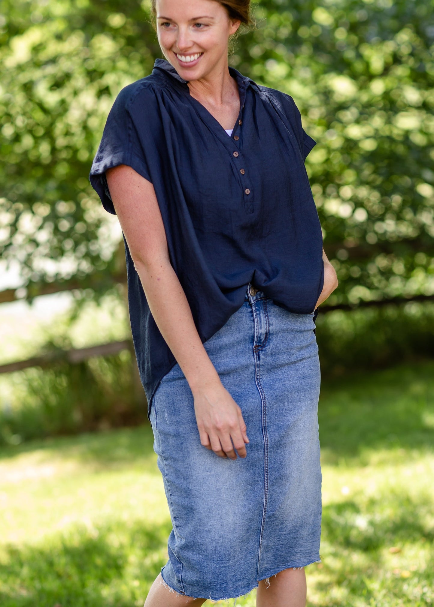 Navy V-Neck Button Down Top Tops