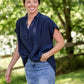 Navy V-Neck Button Down Top Tops