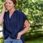 Navy V-Neck Button Down Top Tops
