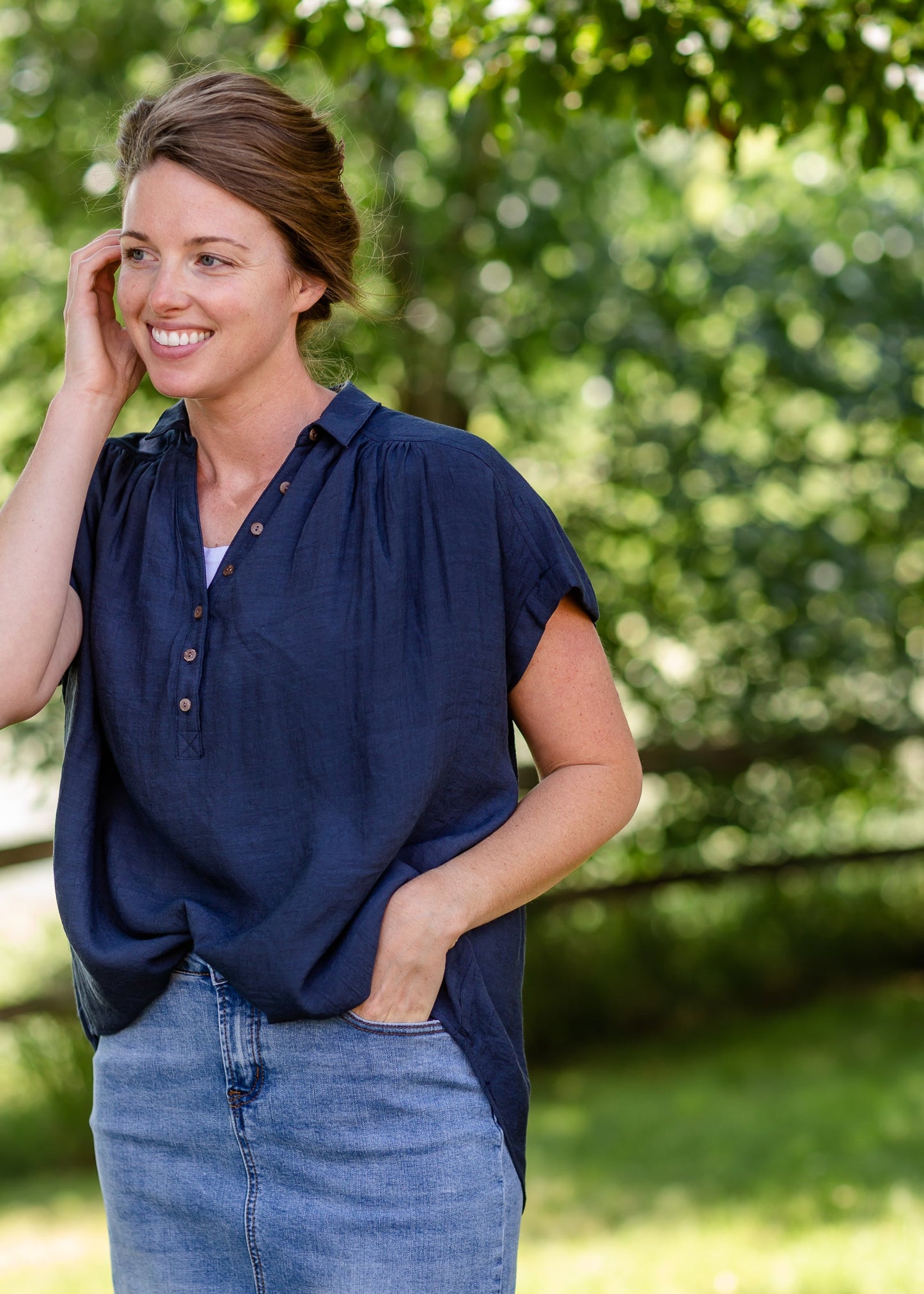 Navy V-Neck Button Down Top Tops