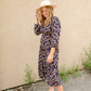 Navy V-Neck Floral Paisley Print Long Sleeve Dress Dresses Hayden