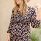 Navy V-Neck Floral Paisley Print Long Sleeve Dress Dresses Hayden