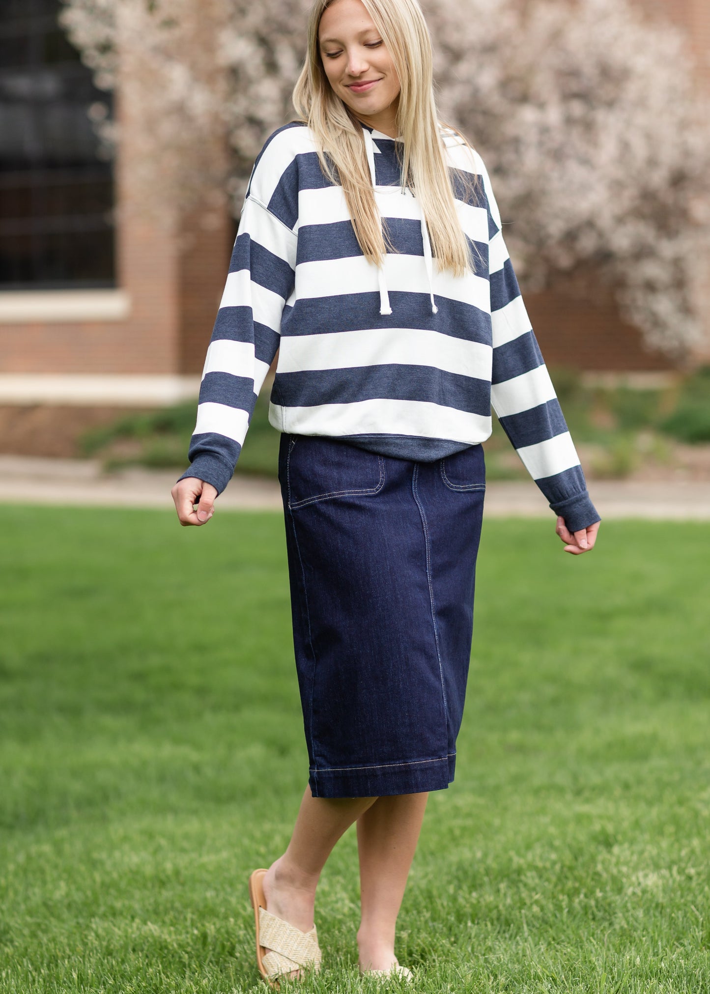 Navy & White Striped Hooded Sweatshirt Shirt