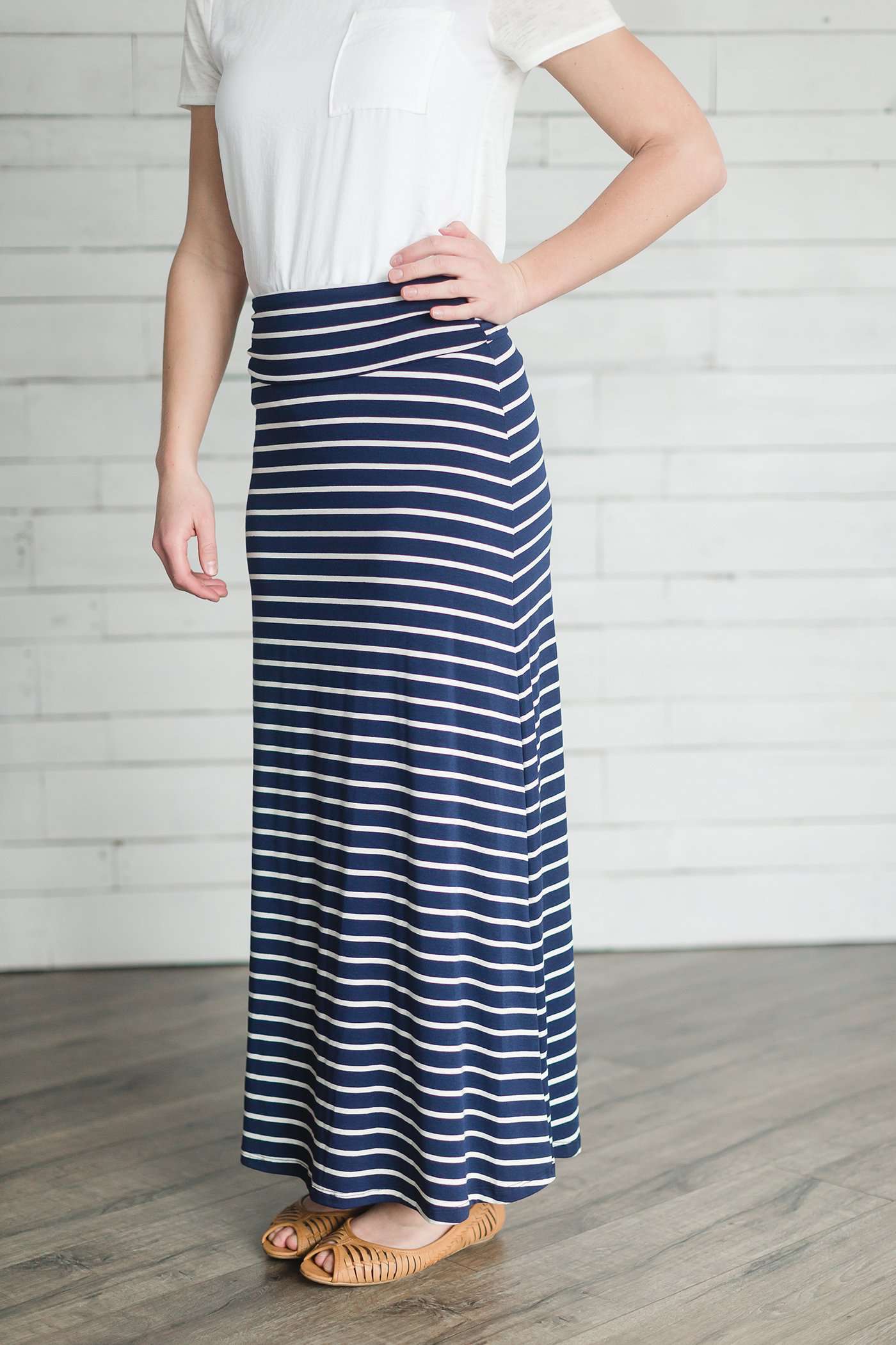 Navy + White Striped Maxi Skirt Skirts