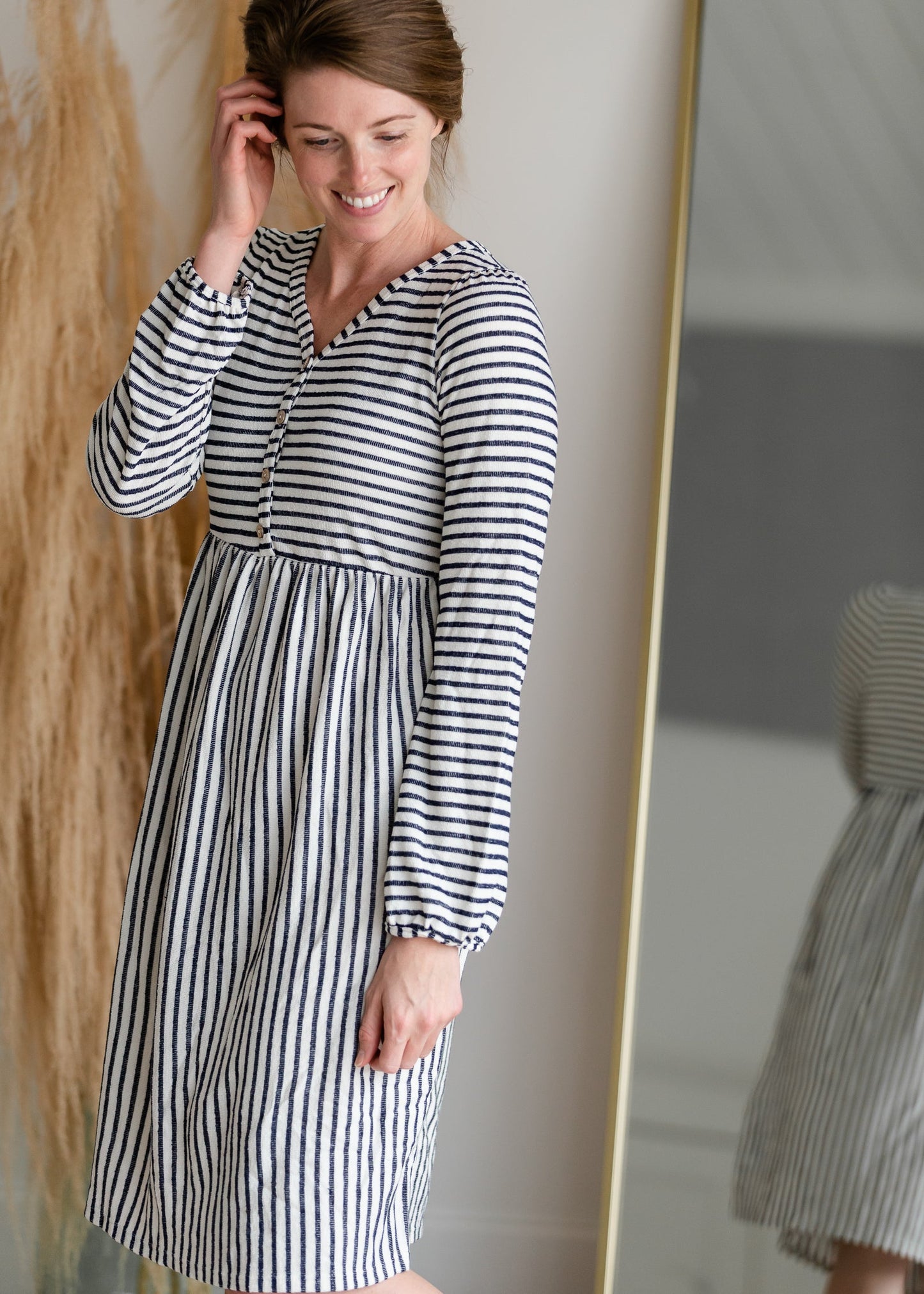 Navy & White Striped Midi Dress with Balloon Sleeves Dresses Hailey & Co