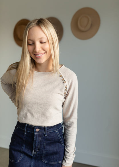 Neutral Button Detail Knit Top Tops Doe and Rae