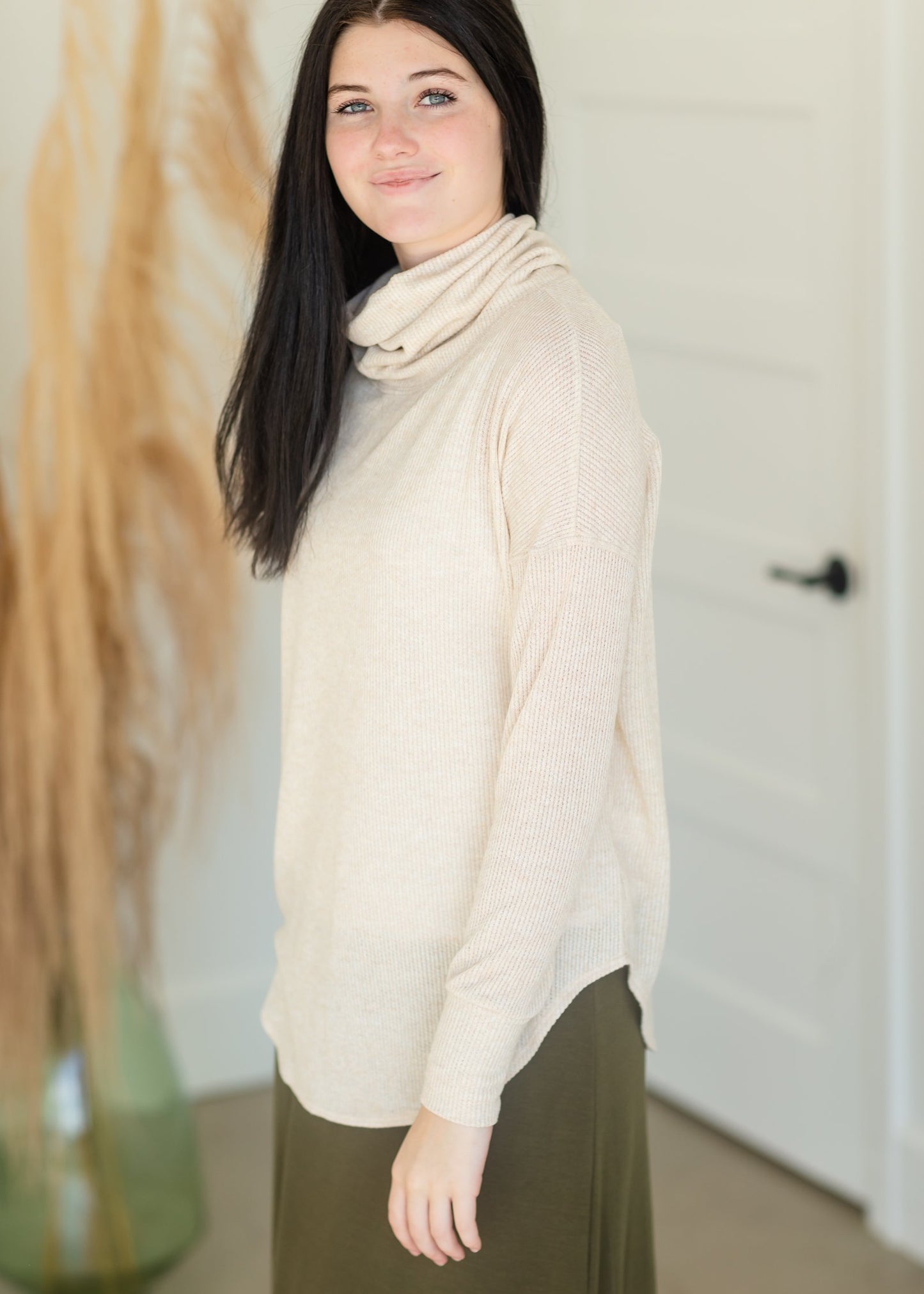 Neutral Cowl Neck Waffle Top Tops Orange Creek/Tea N Rose