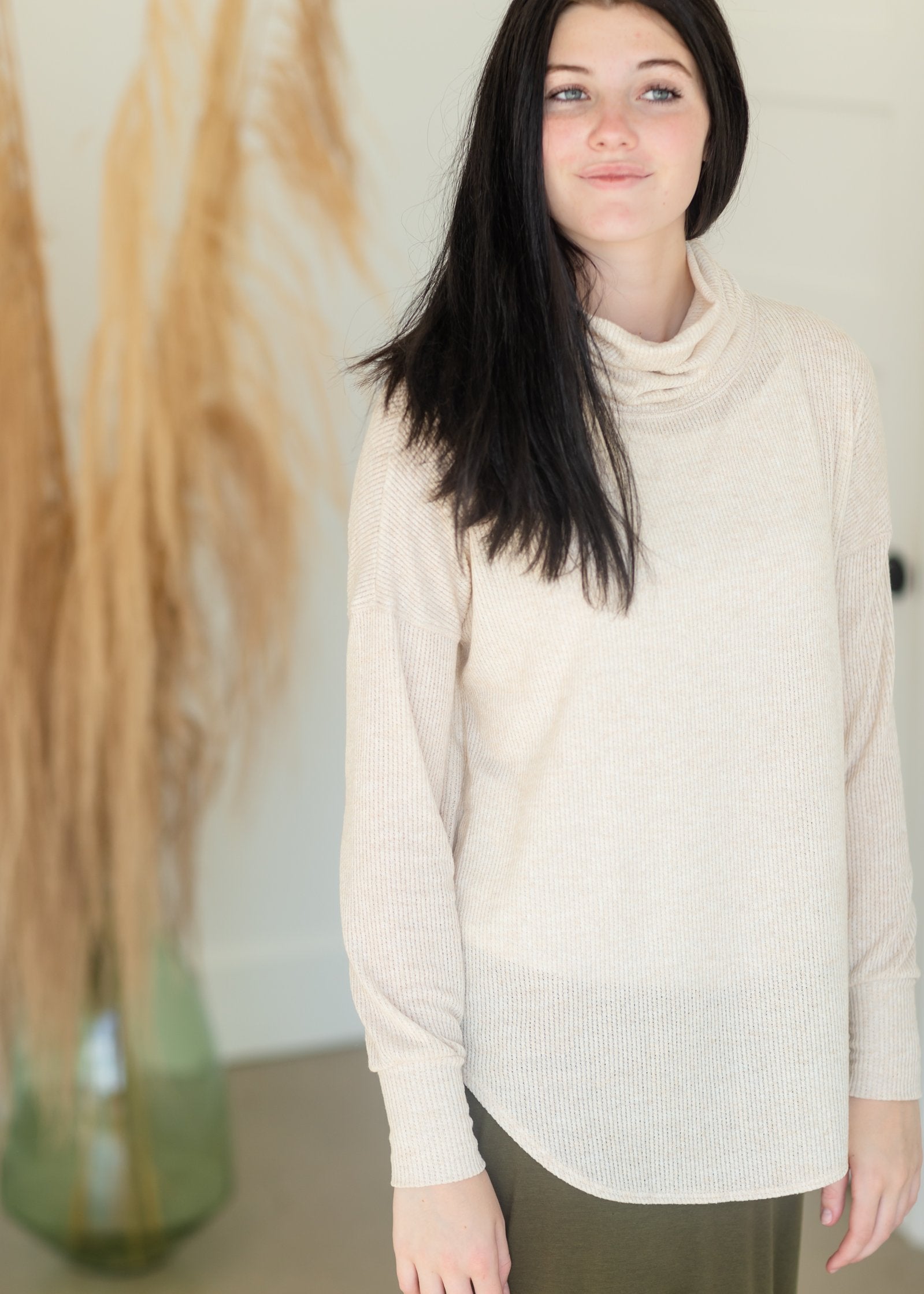 Neutral Cowl Neck Waffle Top Tops Orange Creek/Tea N Rose
